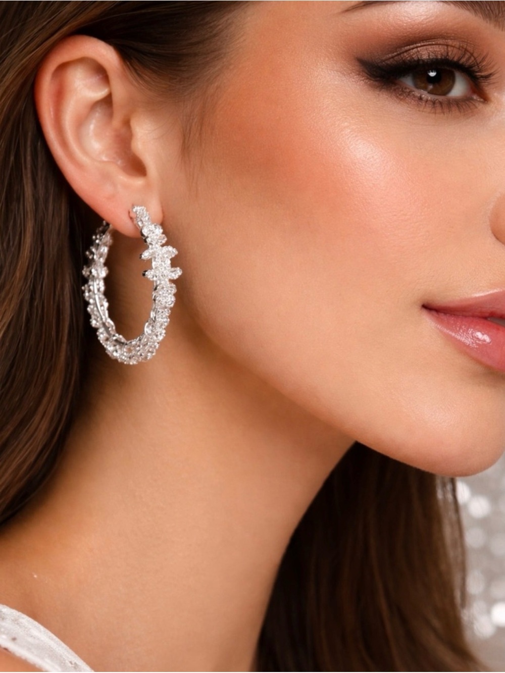 Fashion Jewelry Silver Floral Hoop Earrings